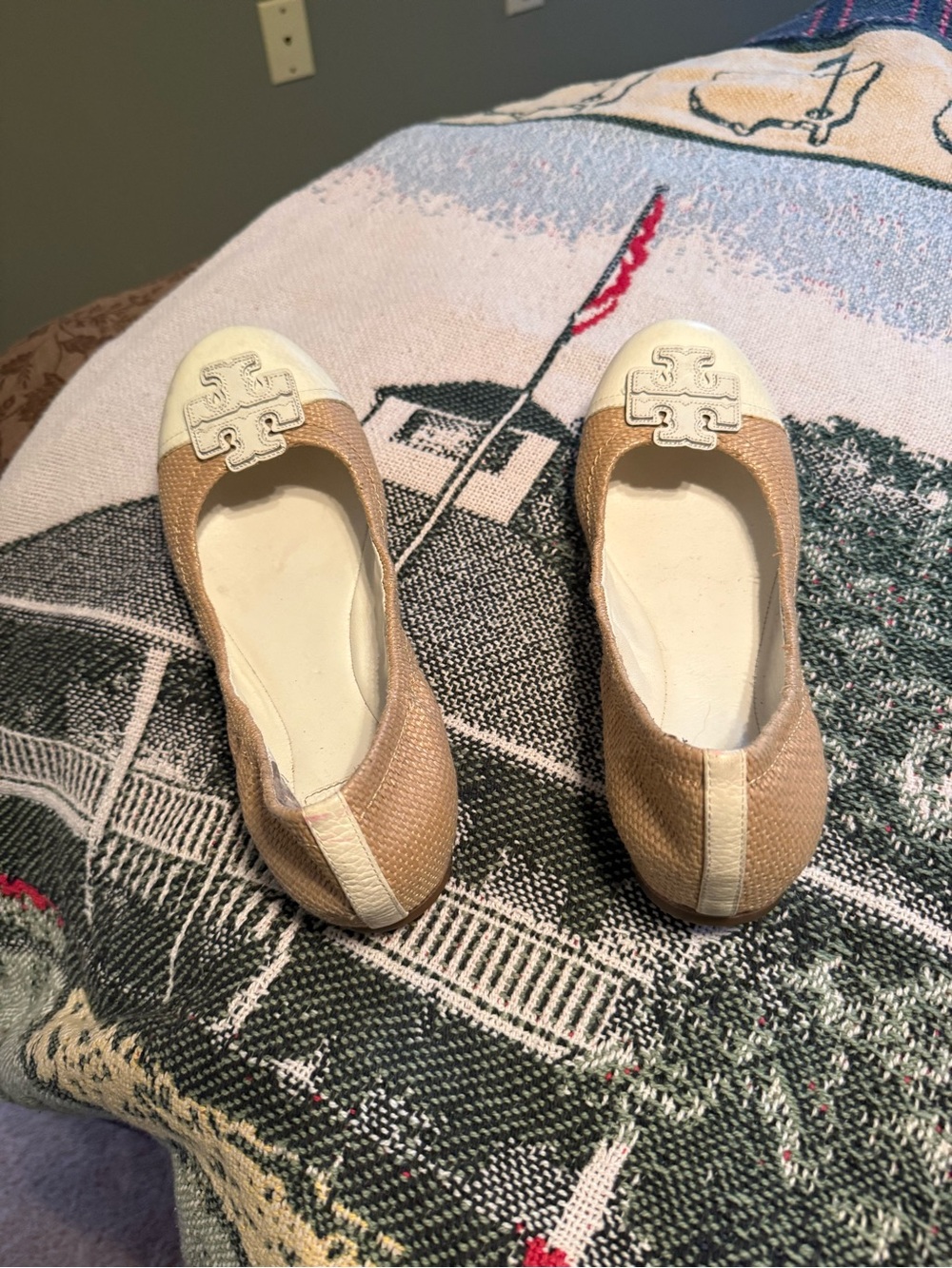 Tory Burch Beige Ballet Flats with Cream Logo Cap